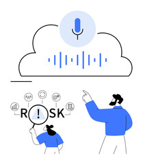 Microphone within cloud, soundwave graphic, professionals analyzing risk model, charts and magnifier. Ideal for technology, AI, risk assessment, problem-solving, voice data decision-making abstract
