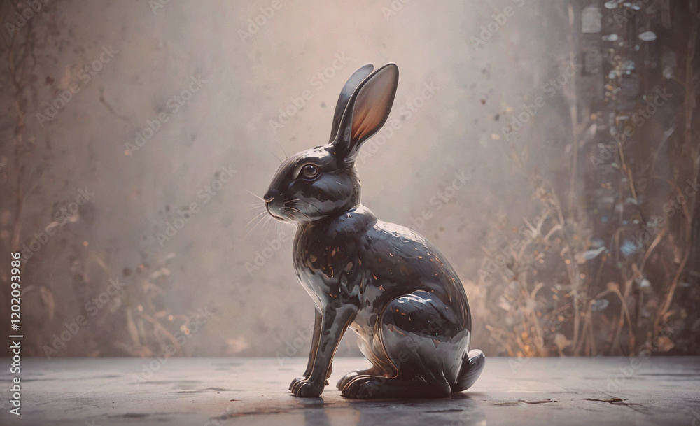 Aufkleber a silver rabbit is sitting on a concrete floor. the rabbit is looking to the right. the rabbit is si