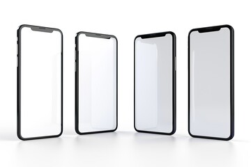Set of Four Smartphones, Blank Screen and Isolated on White Background Template, Mockup