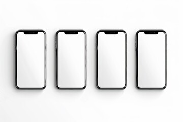 Set of Four Smartphones, Blank Screen and Isolated on White Background Template, Mockup