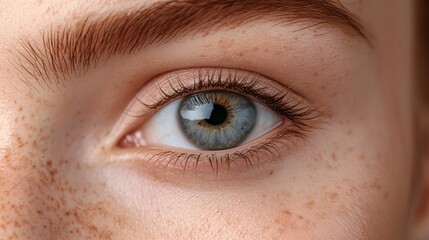 Obraz premium Woman shows stunning grey eye and freckles in beauty portrait