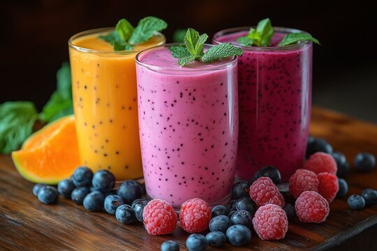 Frische Smoothies mit Beeren und Fr&uuml;chten

