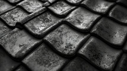 Weathered tile roof texture, close-up, monochrome
