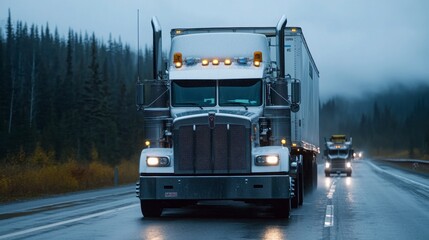 Heavy Truck Driving on Rainy Highway in Forest Environment