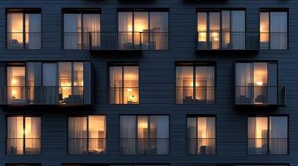 Lights glow from apartment windows, revealing life inside a multi-story building during a quiet night under a dark sky