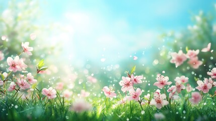Fototapeta premium Beautiful sunny spring meadow with wild flowers. Spring background with light bokeh and space for text. 