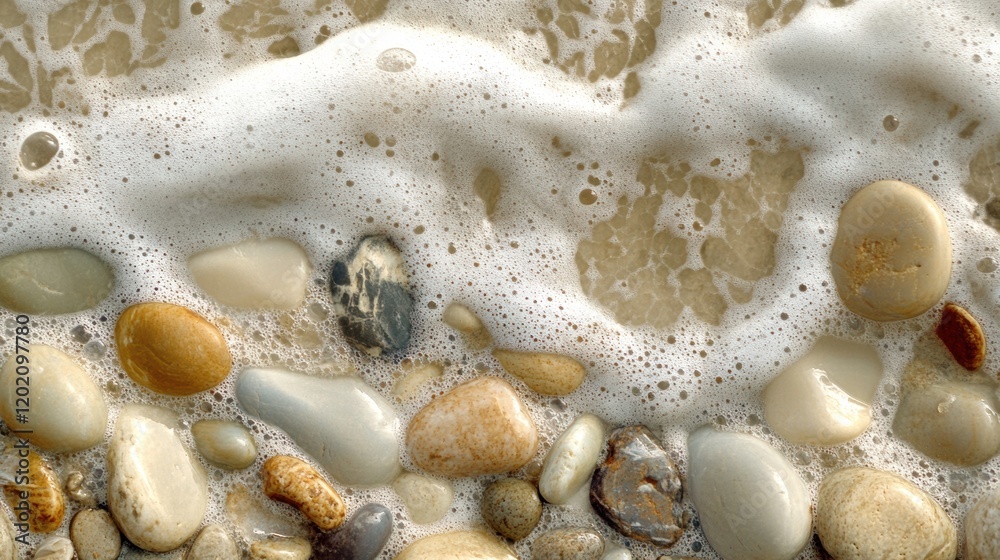 Poster close up view of smooth beach pebbles as gentle waves wash over them near the shoreline during a cal
