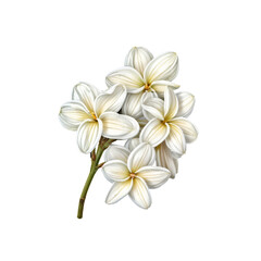 Fototapeta premium Fragrant Frangipani Blossoms: Delicate and fragrant white frangipani blossoms, with their captivating yellow centers, create an elegant and serene scene.