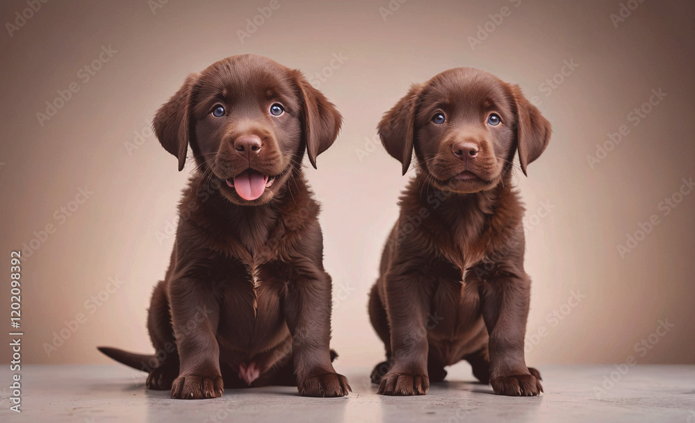 Poster two brown puppies are sitting on a table, one of them has its tongue out. scene is playful and light