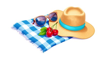 Summer Picnic: Straw Hat, Sunglasses, Cherries on Gingham