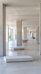 New building under construction features an empty room with beige walls, columns, and exposed ceiling beams, showcasing a concrete floor