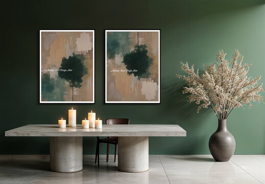 Mockup of Two Vertical Frames on a Minimalistic Modern Green Dining Room