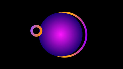 Purple orb at the center with orange purple circle outlines over solid black abstract background