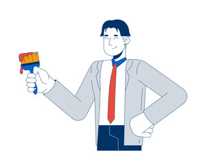 Professional asian man in suit holding paintbrush dripping paint 2D cartoon character. Creative leader office worker isolated person flat vector on white background. Spot illustration colorful
