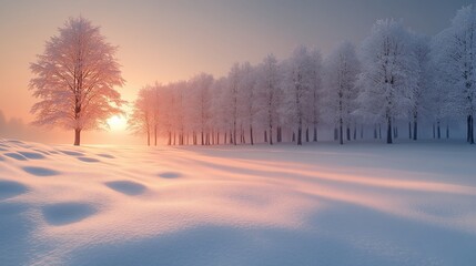 Obraz premium Sunrise in snowy forest, winter landscape