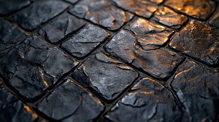 Fototapeta premium Wet cobblestone street at sunset, background glow, potential path/road