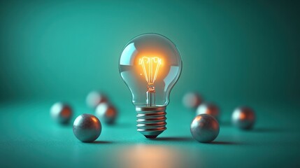 Illuminated Light Bulb on Teal Background