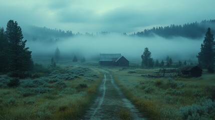 Fototapeta premium Eerie foggy landscape with path leading to an old barn, surrounded by forest and mysterious mist, creating a moody and atmospheric scene