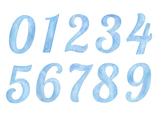 Hand painted watercolor blue numbers 0-9 isolated on a white background.