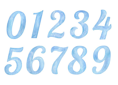 Hand painted watercolor blue numbers 0-9 isolated on a white background.