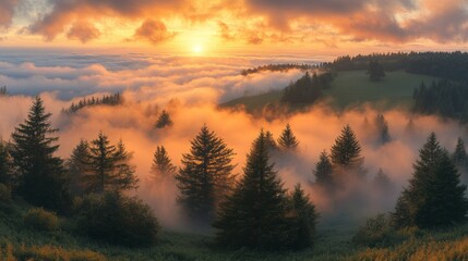 Obraz premium Golden Hour Above the Clouds A breathtaking view of a forest shrouded in mist during sunrise with a vibrant orange sky