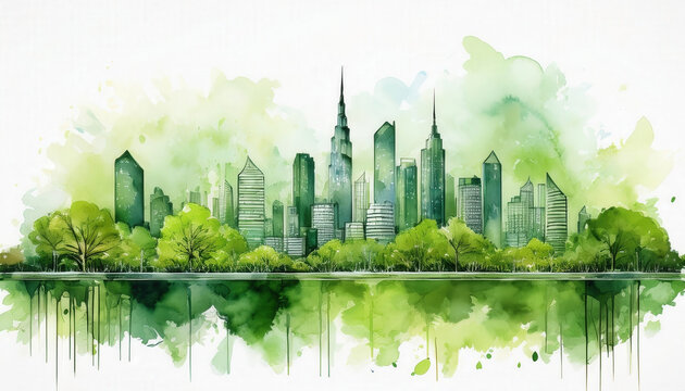 Gr&uuml;ne Skyline mit Wald im Vordergrund als Aquarellzeichnung