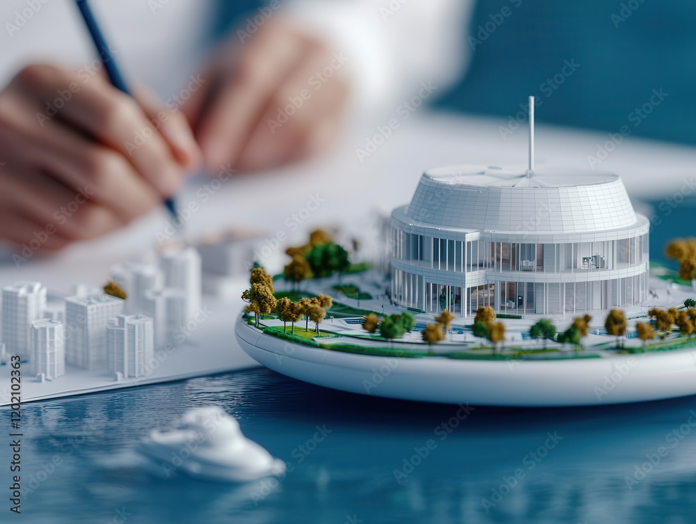 Aufkleber The image shows a hand sketching designs while focusing on a detailed architectural model of a building surrounded by miniature trees and structures.