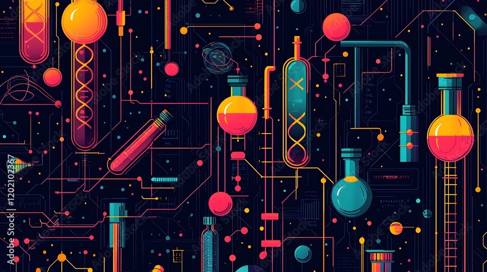 Wall mural vibrant and minimalist graphic design featuring an assortment of laboratory instruments such as beak