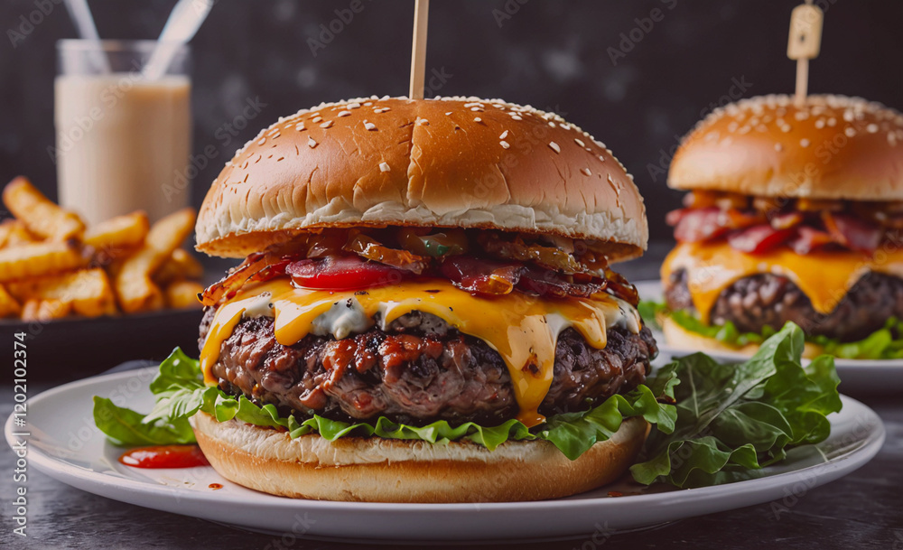 Poster a large hamburger with cheese and bacon on top sits on a plate. a glass of milk is on the table behi