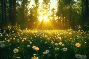 Obraz premium enchanted forest clearing bathed in morning sunlight, with emerald grass swaying in gentle breeze, dotted with tiny wildflowers and morning dew