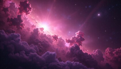 Vibrant pink nebula clouds under starlit sky.
