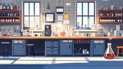 Vibrant and simple digital depicting a classic scientific laboratory workspace with essential equipment like burners beakers and other classic scientific tools and apparatus in a flat