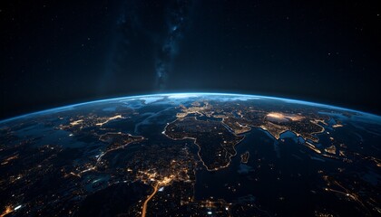 Night view of Earth from space with city lights.