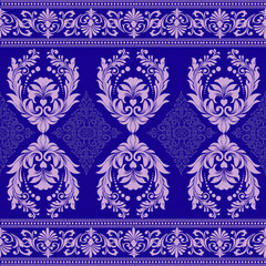 Elegant Damask Pattern with Ornate Floral Motifs and Decorative Borders. seamless design features a sophisticated blend of vintage-inspired elements and modern aesthetics	