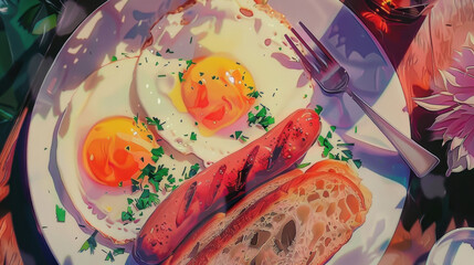 hearty breakfast with fried eggs and sausages