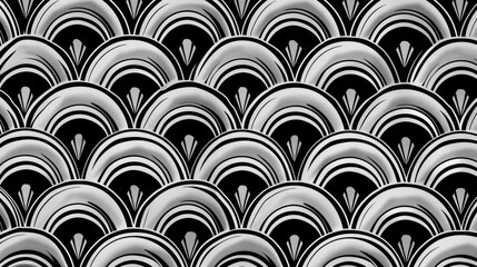 Retro 70s geometric pattern with monochrome semicircles. Vintage seamless abstract background in art deco style