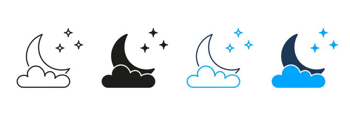 Crescent Moon with Cloud and Stars Line and Silhouette Icon Set. Peaceful Nighttime Sky Symbol. Editable Stroke. Isolated Vector Illustration
