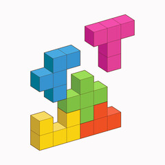 Crystal cube. 3D building block set. Isometric blocks. Abstract construction from isometric blocks shapes. The concept of logical thinking, geometric shapes. Vector Illustration
