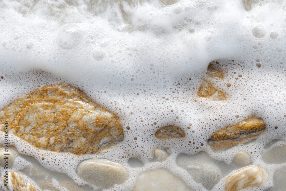 Poster close up view of smooth beach pebbles washed gently by soft ocean waves during a serene coastal mome