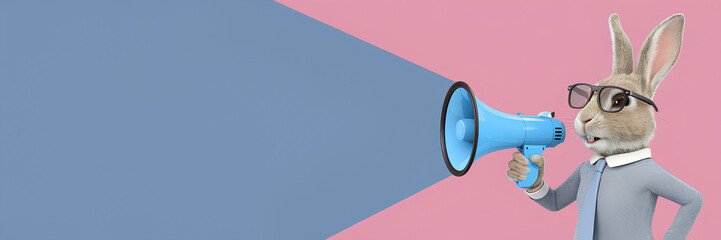 Easter bunny making a sales or promotional announcement in a megaphone