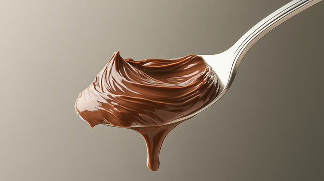 An artistic shot of Nutella dripping from a spoon in mid-air, against a soft gradient backdrop, with sharp focus on the creamy texture