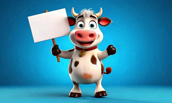 Cute Cartoon Cow Holding a Sign on a Blue Background