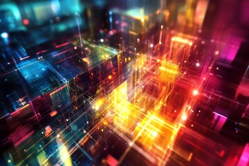 Obraz premium Abstract Digital Cityscape Illuminated With Vibrant Neon Lights