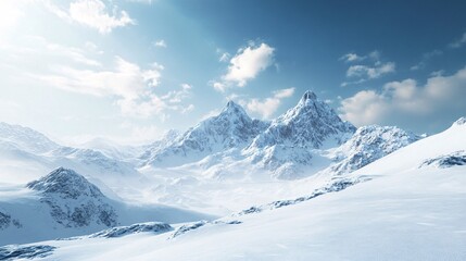 Bright sunlight illuminating snowy mountain peaks in winter landscape