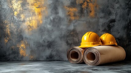 Obraz premium Yellow Hard Hats and Rolled Blueprints Displayed Against a Textured Concrete Wall in a Construction Environment for Industrial and Architectural Concepts