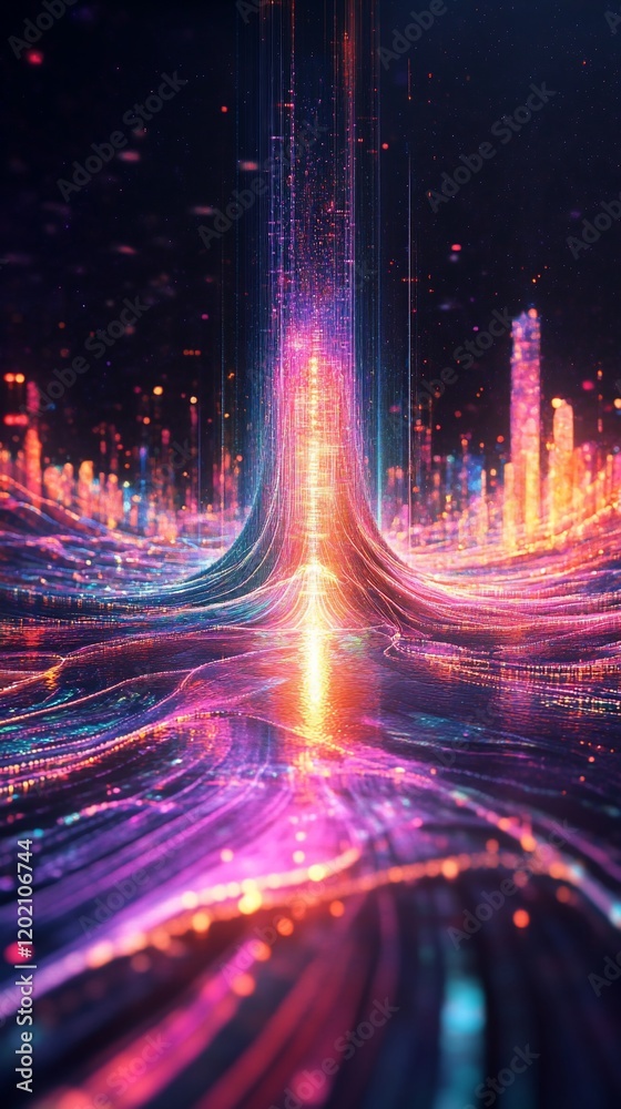 Poster futuristic cityscape with glowing lines and data streams creating a digital world