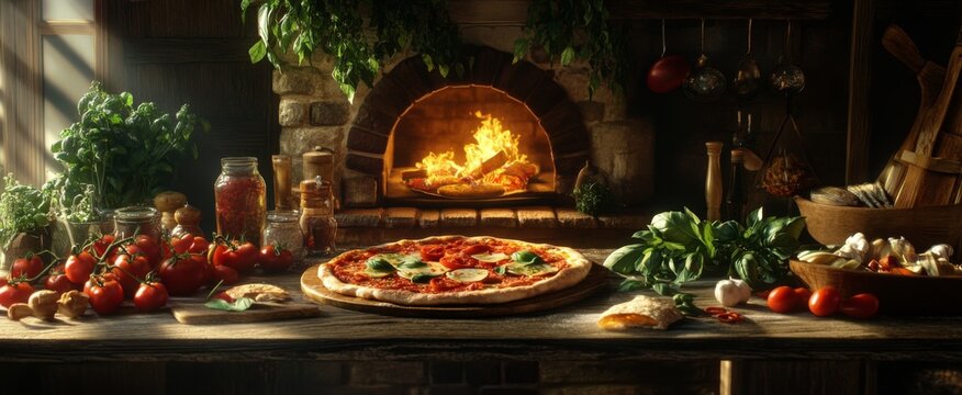 Rustic kitchen scene featuring a wooden table with Italian-style pizza, fresh tomatoes, basil, and a glowing stone oven, exuding culinary charm and warmth