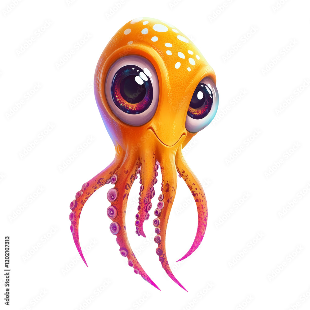 Poster a digitally rendered image of a cute orange octopus with large eyes and white spots on its head.