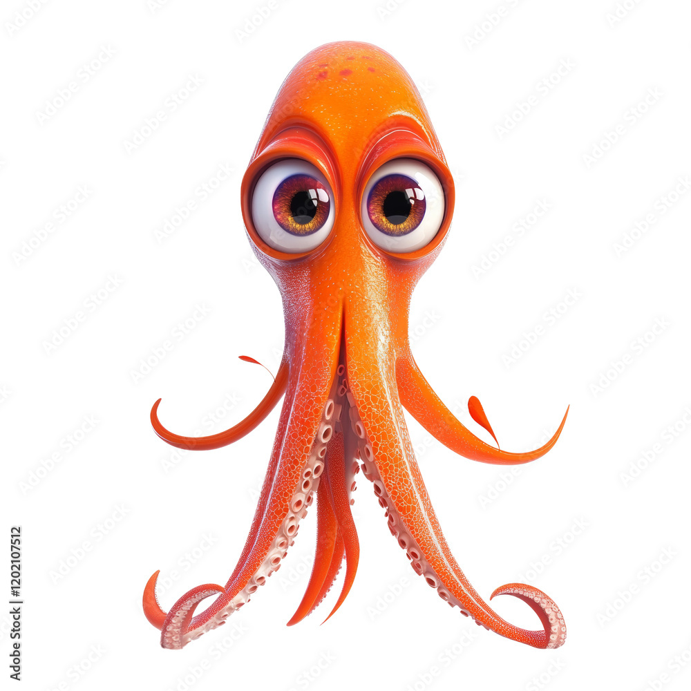 Poster a digitally rendered image of a cute orange octopus cartoon character with large expressive eyes, se