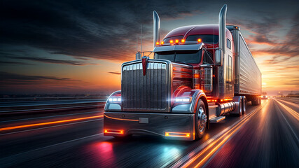 a realistic rendering of a semi-truck speeding down a highway at sunset